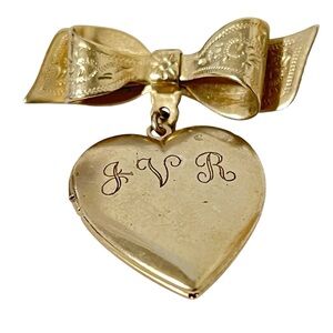 Vtg Coro Sweetheart Locket Brooch 1940s Or 50s Monogrammed Photos Inside signed